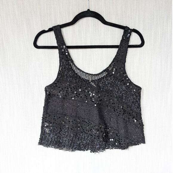 Free People Black Comb Lace Sequin Sleeveless Crop Top, size S - Picture 2 of 7